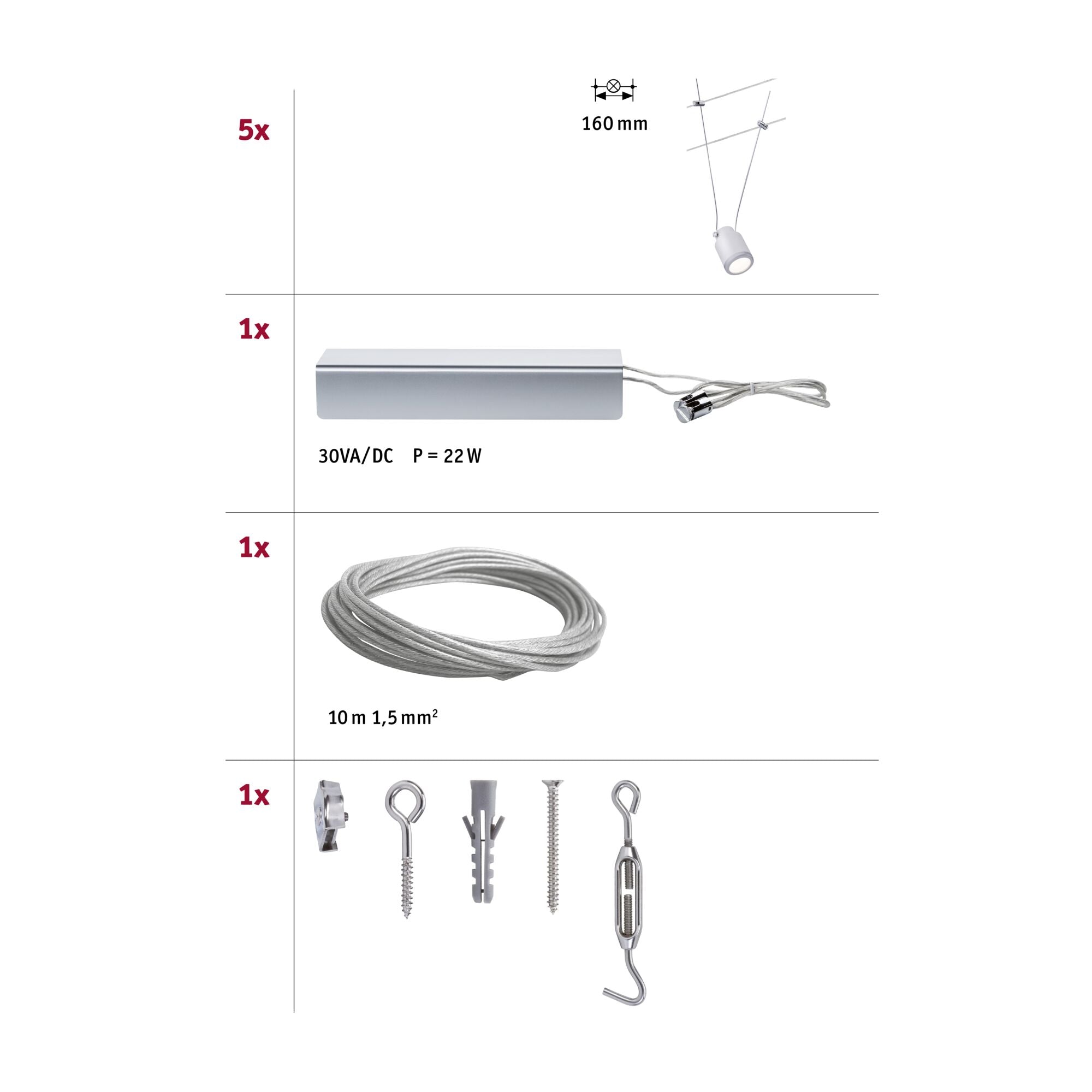 LED Seilsystem TunLED 5x150lm 5x4W 2700K 230/12V Weiß/Chrom matt