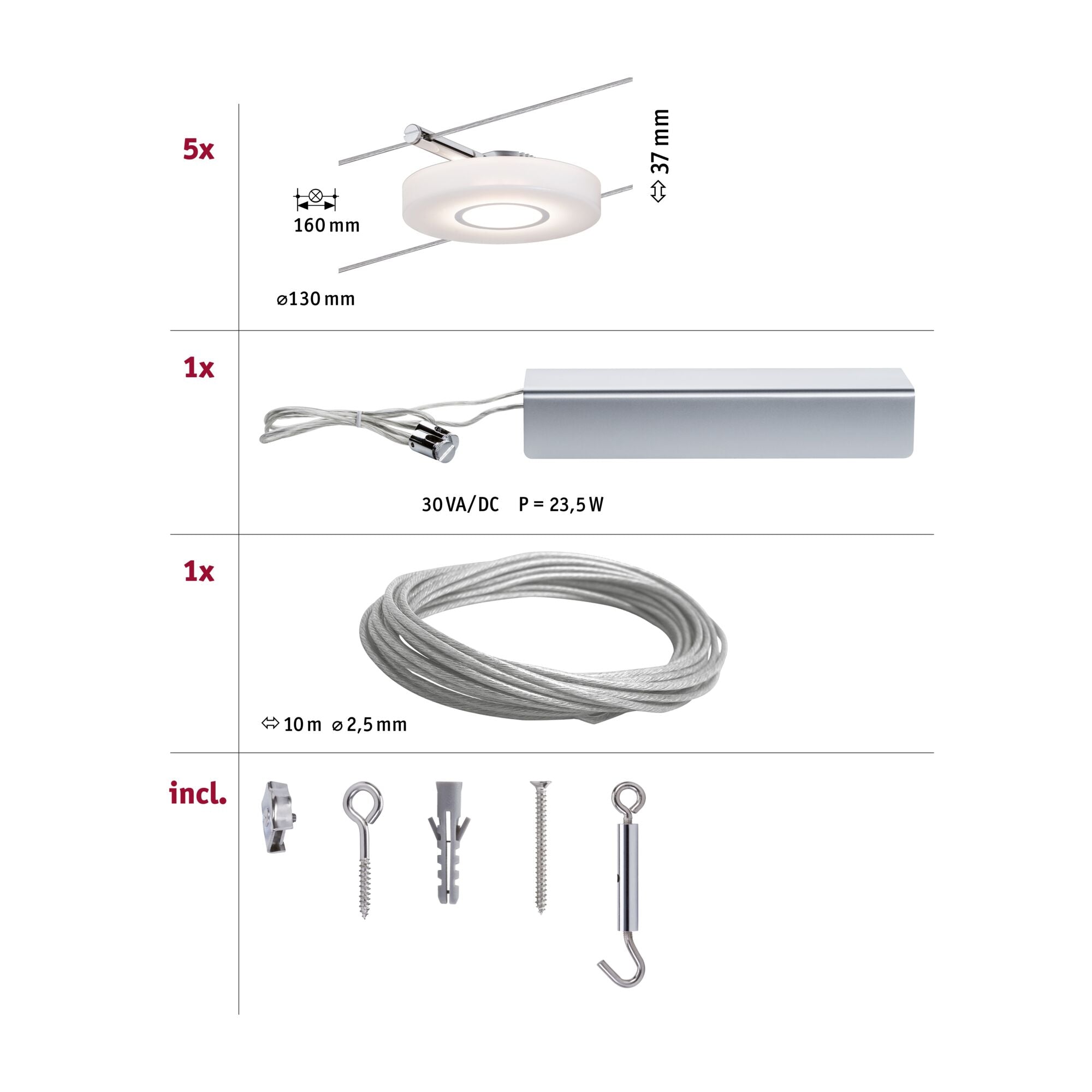 LED Seilsystem DiscLED I  Basisset 5x200lm 5x4,3W 2700K 230/12V Chrom/Satin