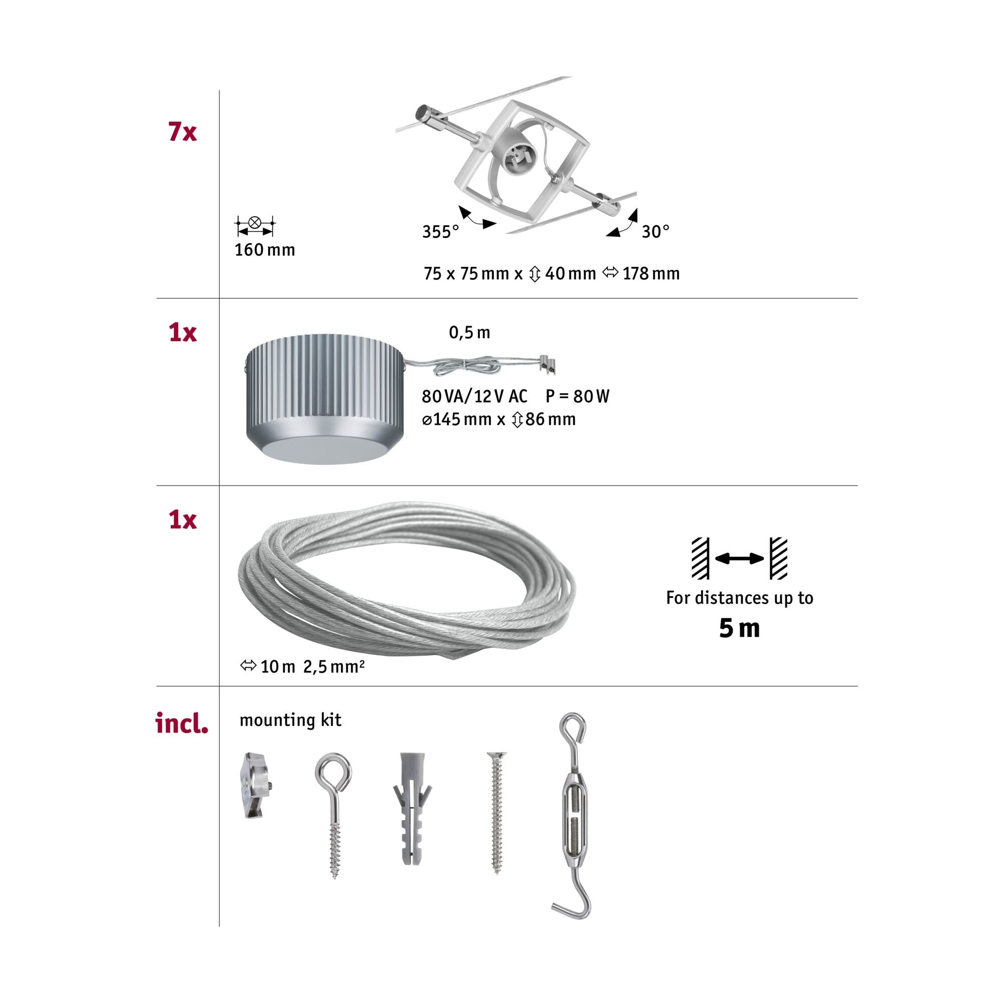 Seilsystem Mac II  Basisset GU5,3 max. 7x10W dimmbar 230/12V Chrom matt