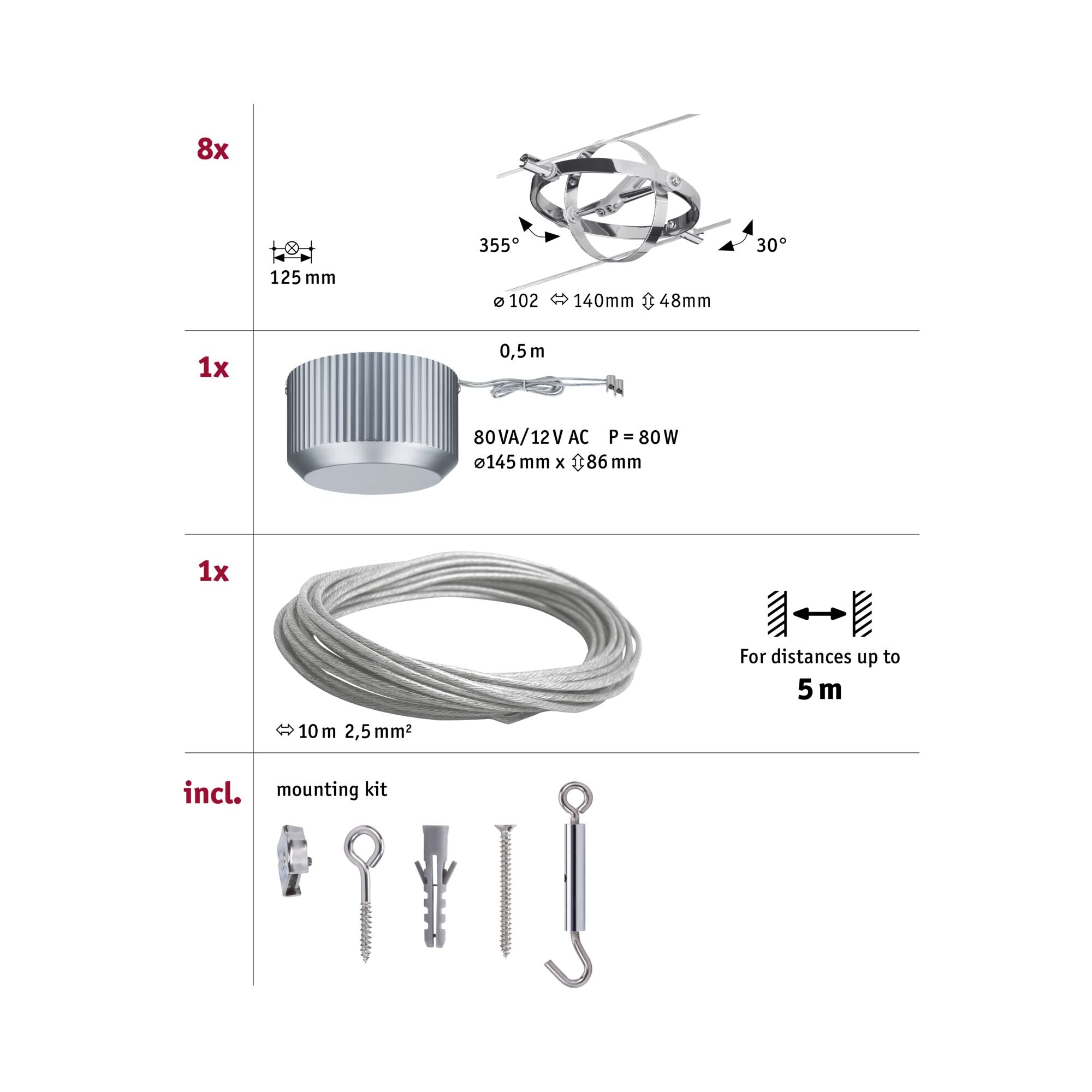 Seilsystem Cardan  Basisset GU5,3 max. 8x10W dimmbar 230/12V Chrom matt/Chrom