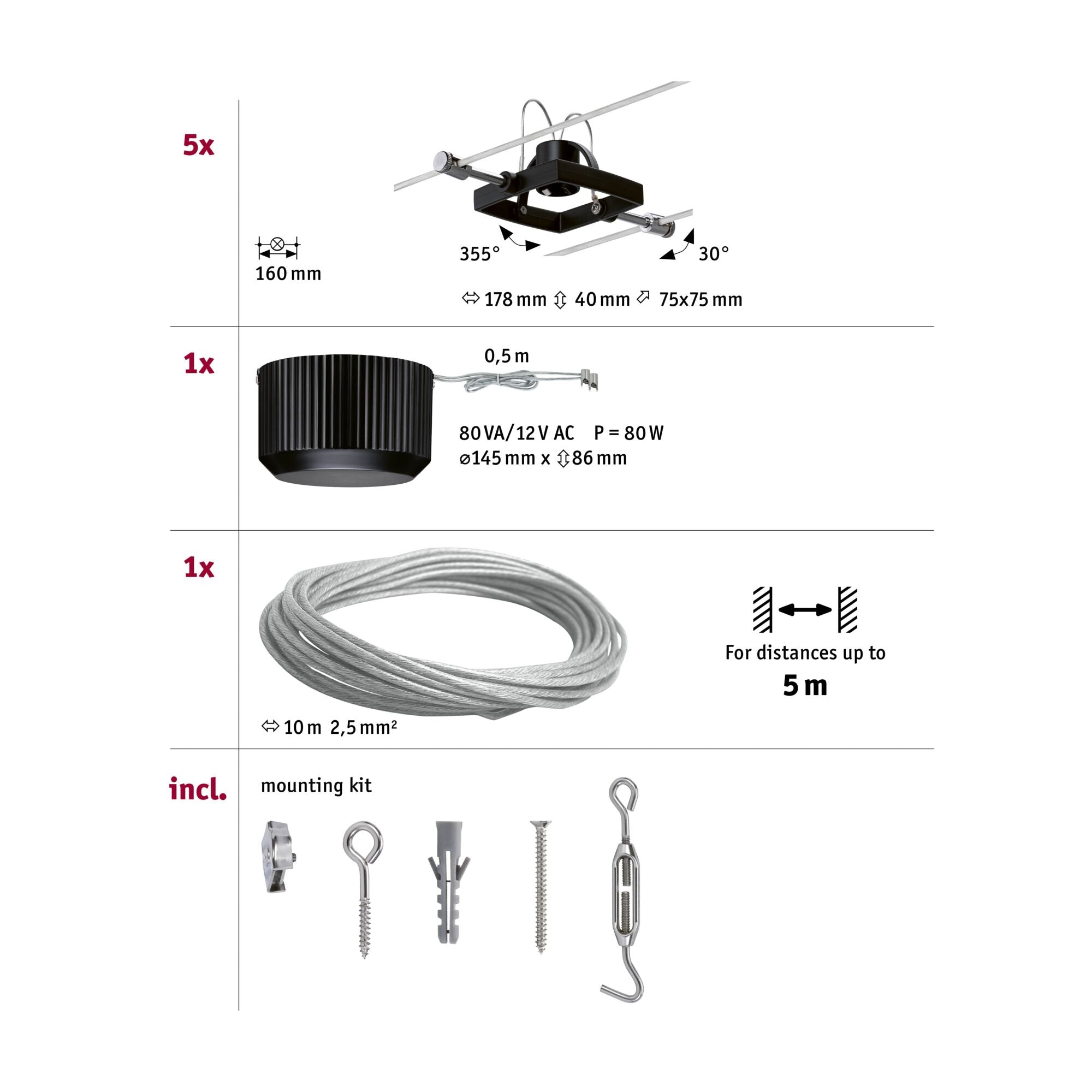 Seilsystem Mac II  Basisset GU5,3 max. 5x10W dimmbar 230/12V Schwarz matt