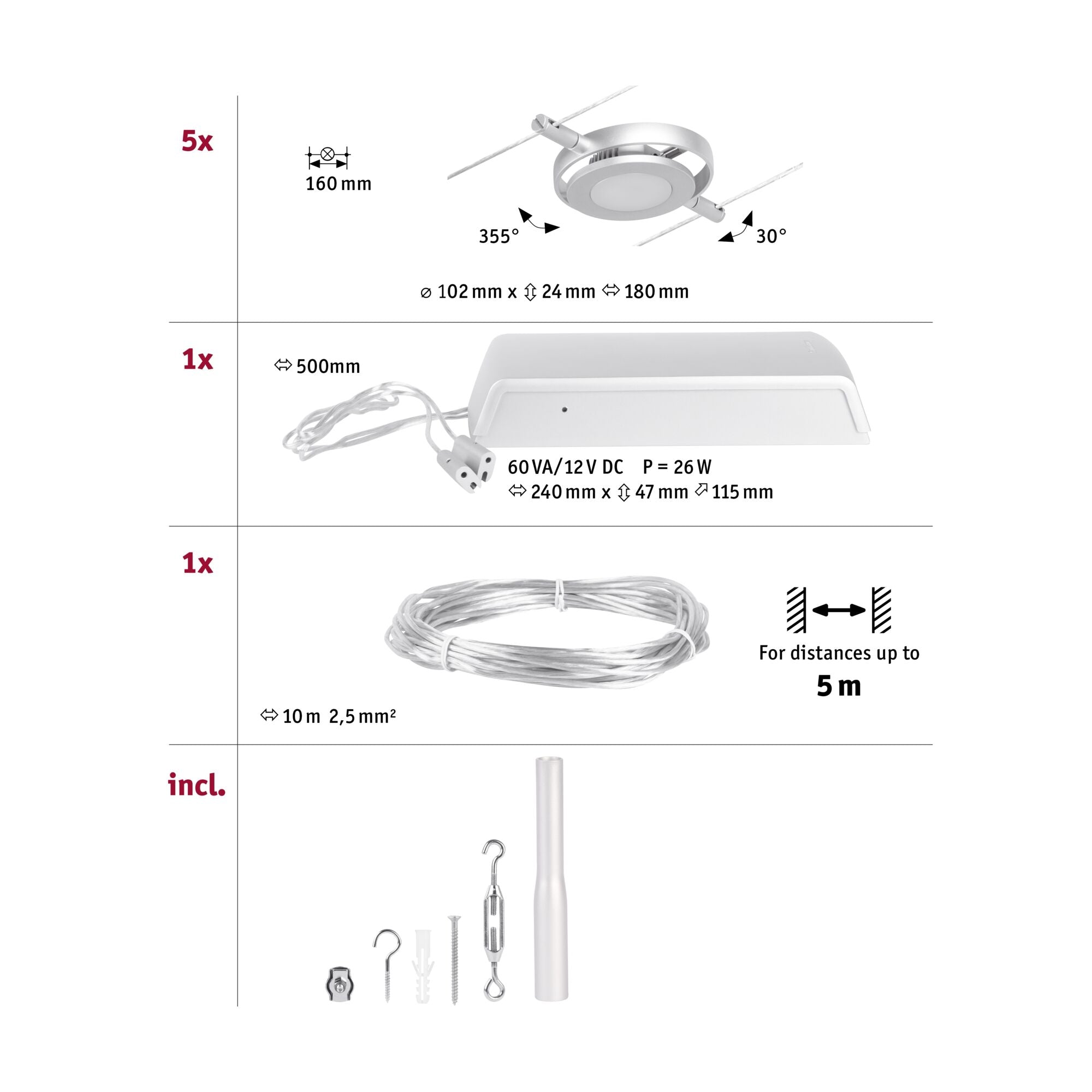 CorDuo RoundMac  Basisset 5x200lm 5x4,5W 3000K 230/12V Chrom matt/Chrom