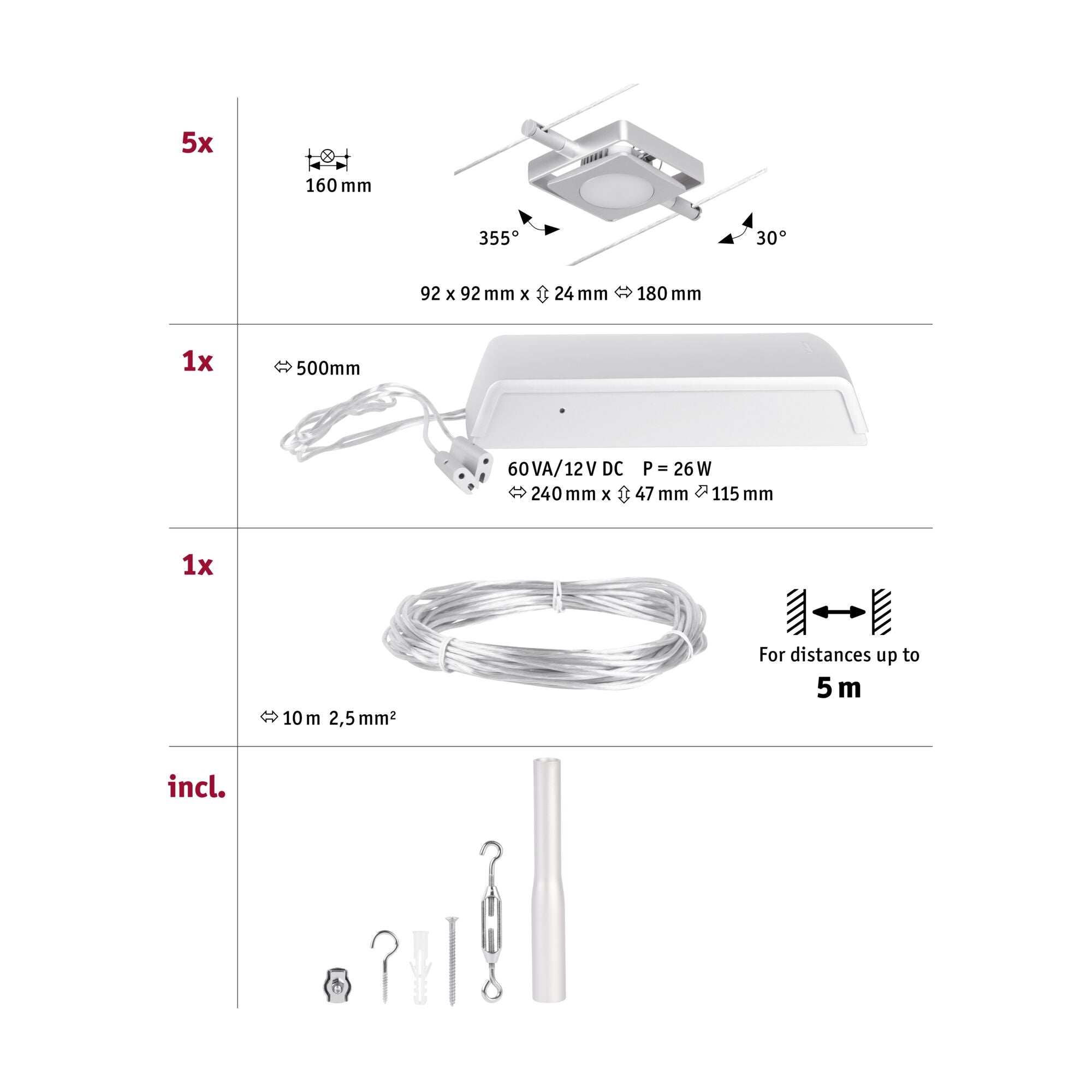 CorDuo MacLED  Basisset 5x250lm 5x4,5W 3000K 230/12V Chrom matt/Chrom