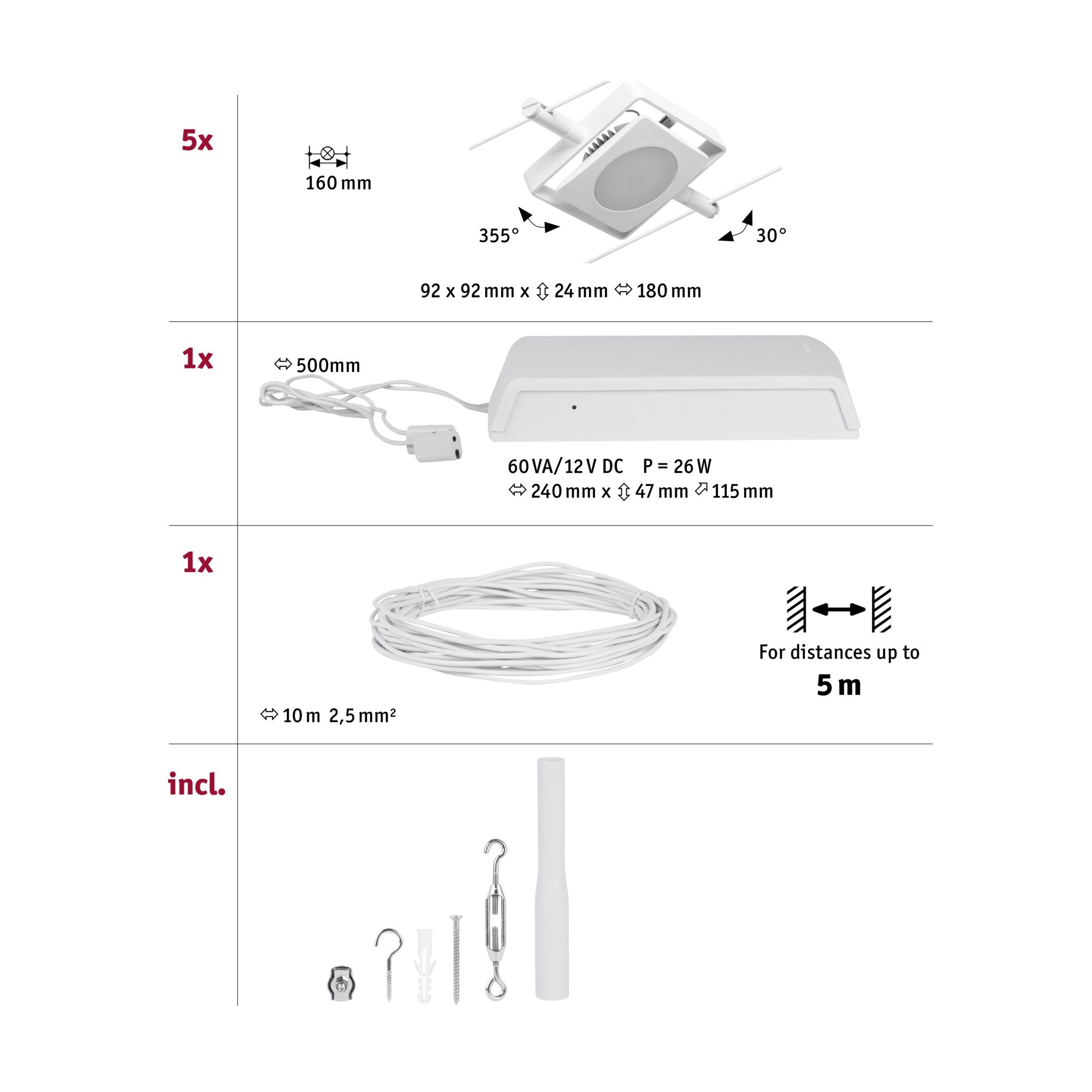 CorDuo MacLED  Basisset 5x250lm 5x4,5W 3000K 230/12V Weiß/Chrom