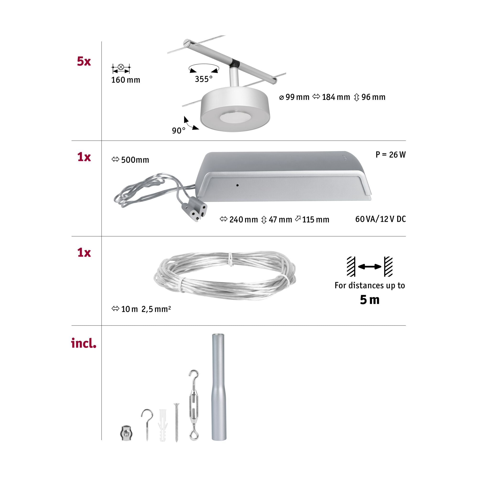 CorDuo Circle  Basisset 5x180lm 5x5W 3000K 230/12V Chrom matt