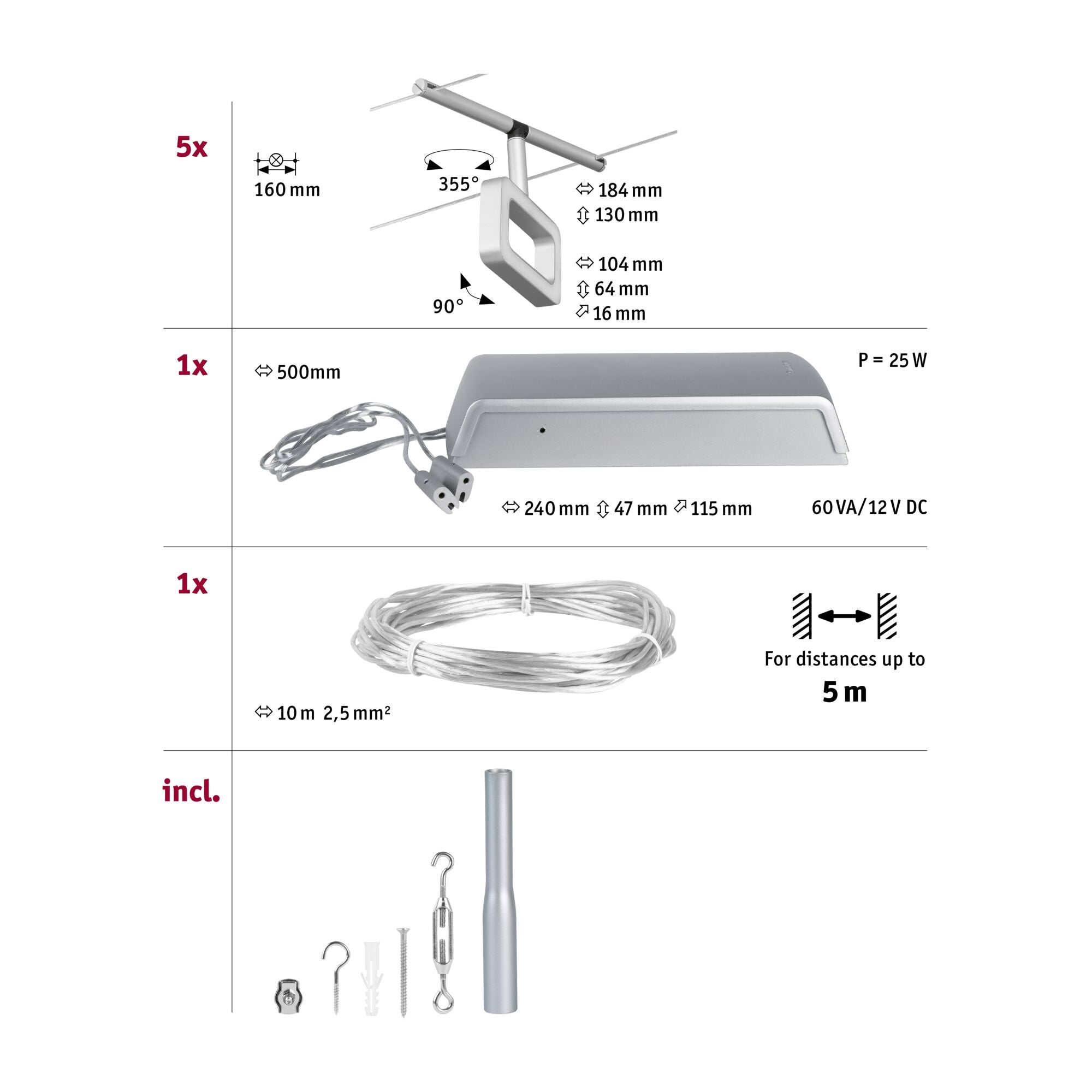 CorDuo Frame  Basisset 5x280lm 5x4,8W 3000K 230/12V Chrom matt/Chrom