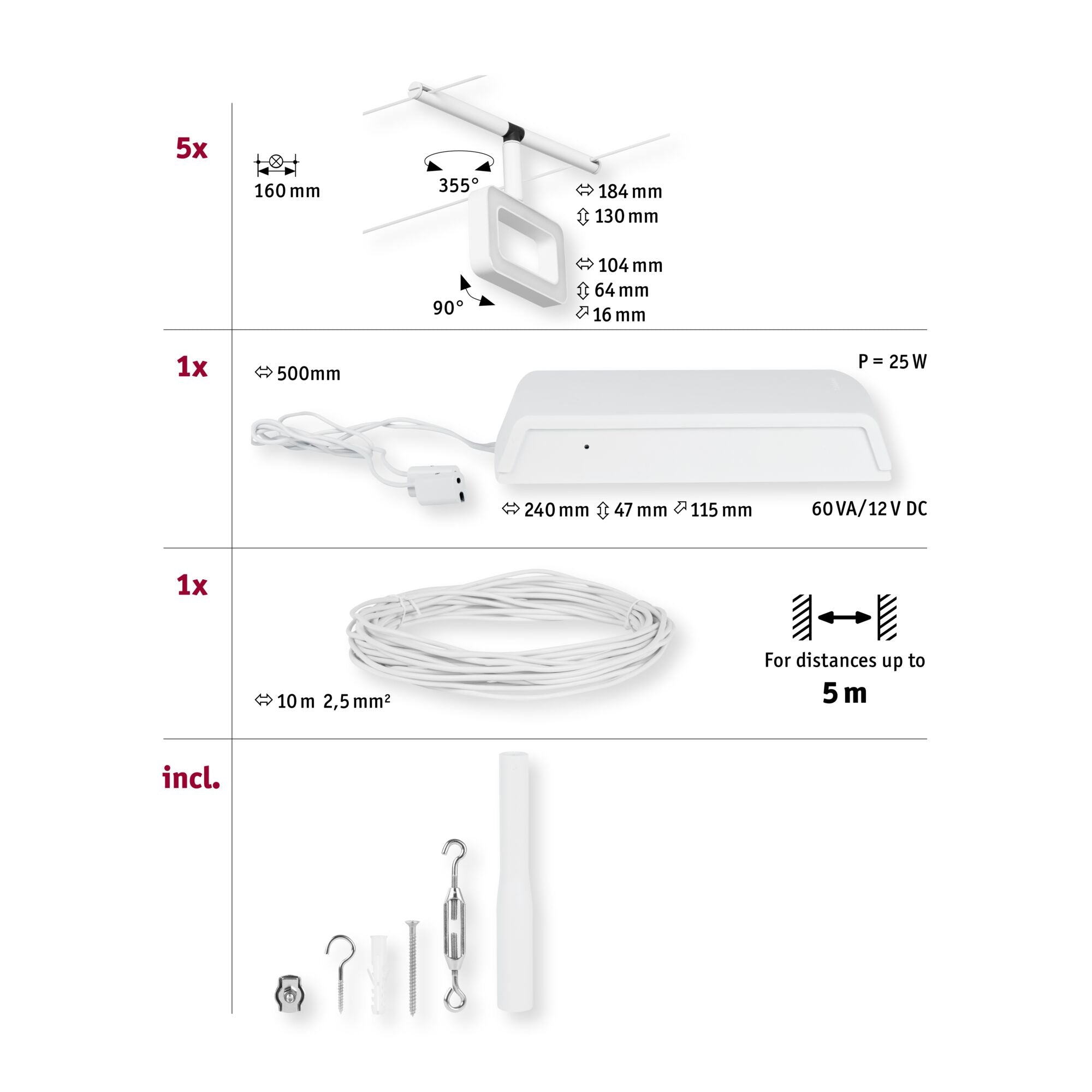 CorDuo Frame  Basisset 5x280lm 5x4,8W 3000K 230/12V Weiß matt/Chrom