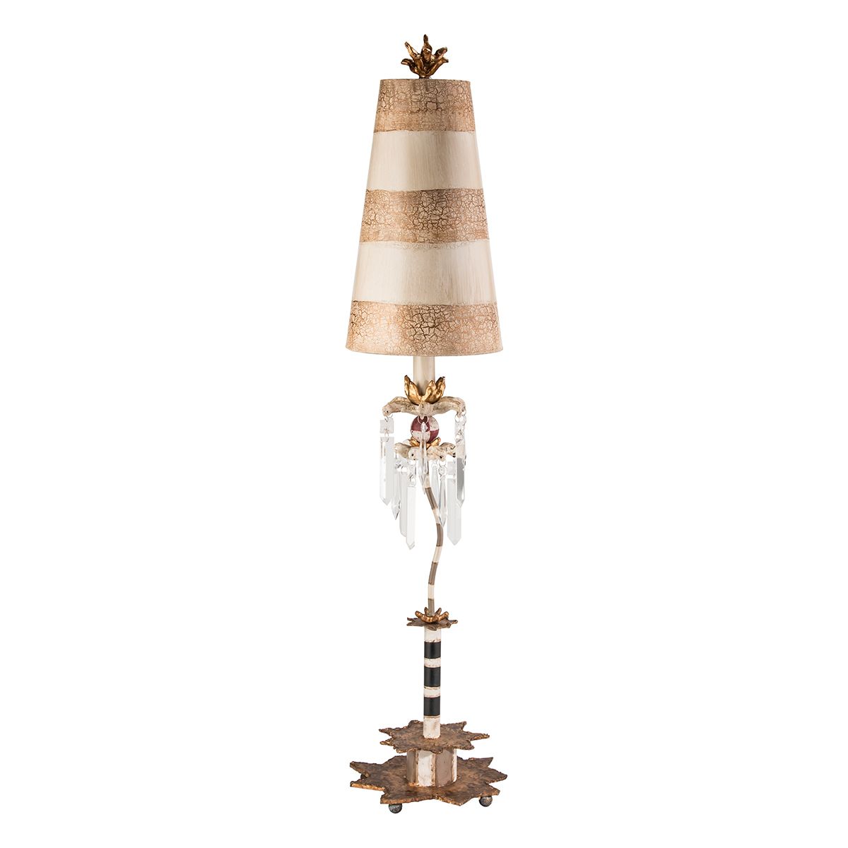 Tischlampe „Birdland“ mit 1 Licht, Creme und Gold mit creme- und taupefarbenem gestreiftem Schirm