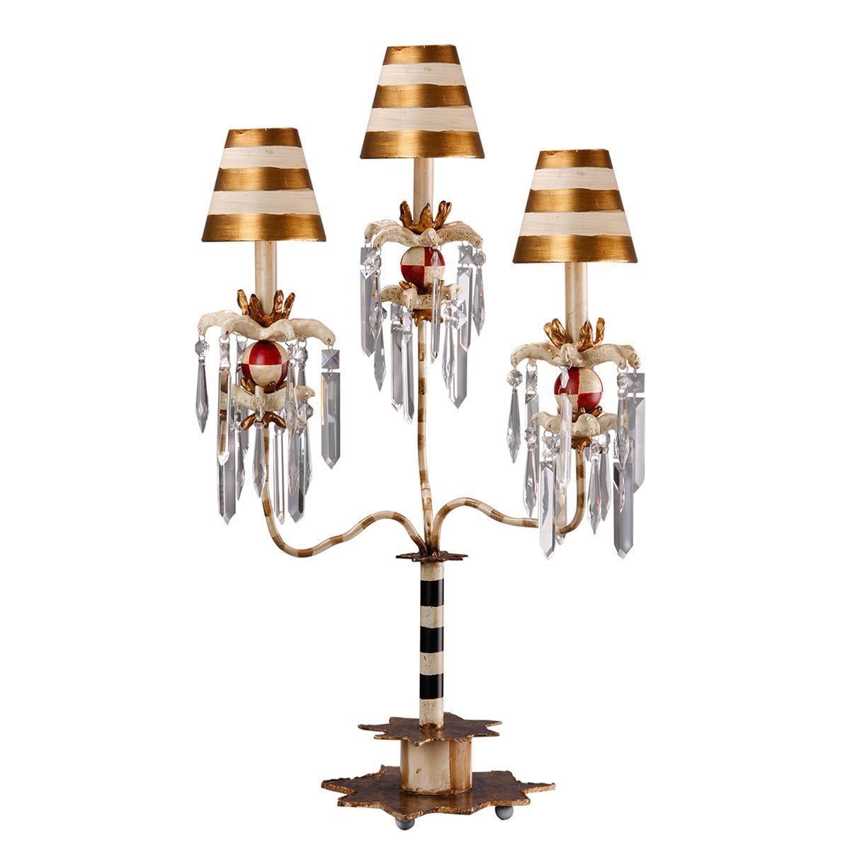 Tischlampe Birdland mit 3 Armen, Creme und Gold mit creme- und goldgestreiftem Schirm