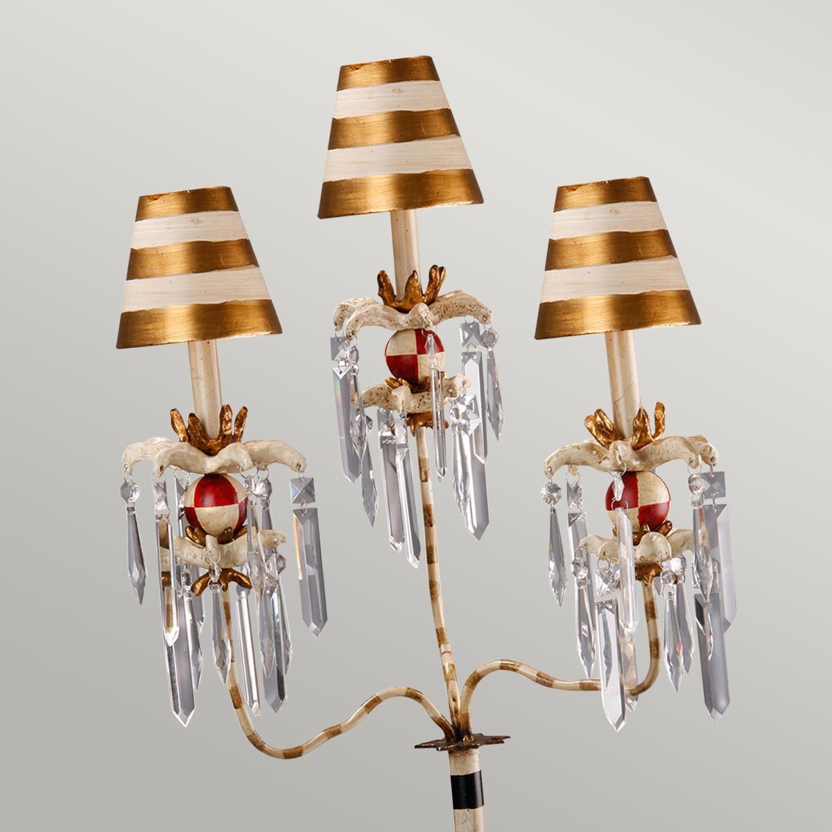 Tischlampe Birdland mit 3 Armen, Creme und Gold mit creme- und goldgestreiftem Schirm