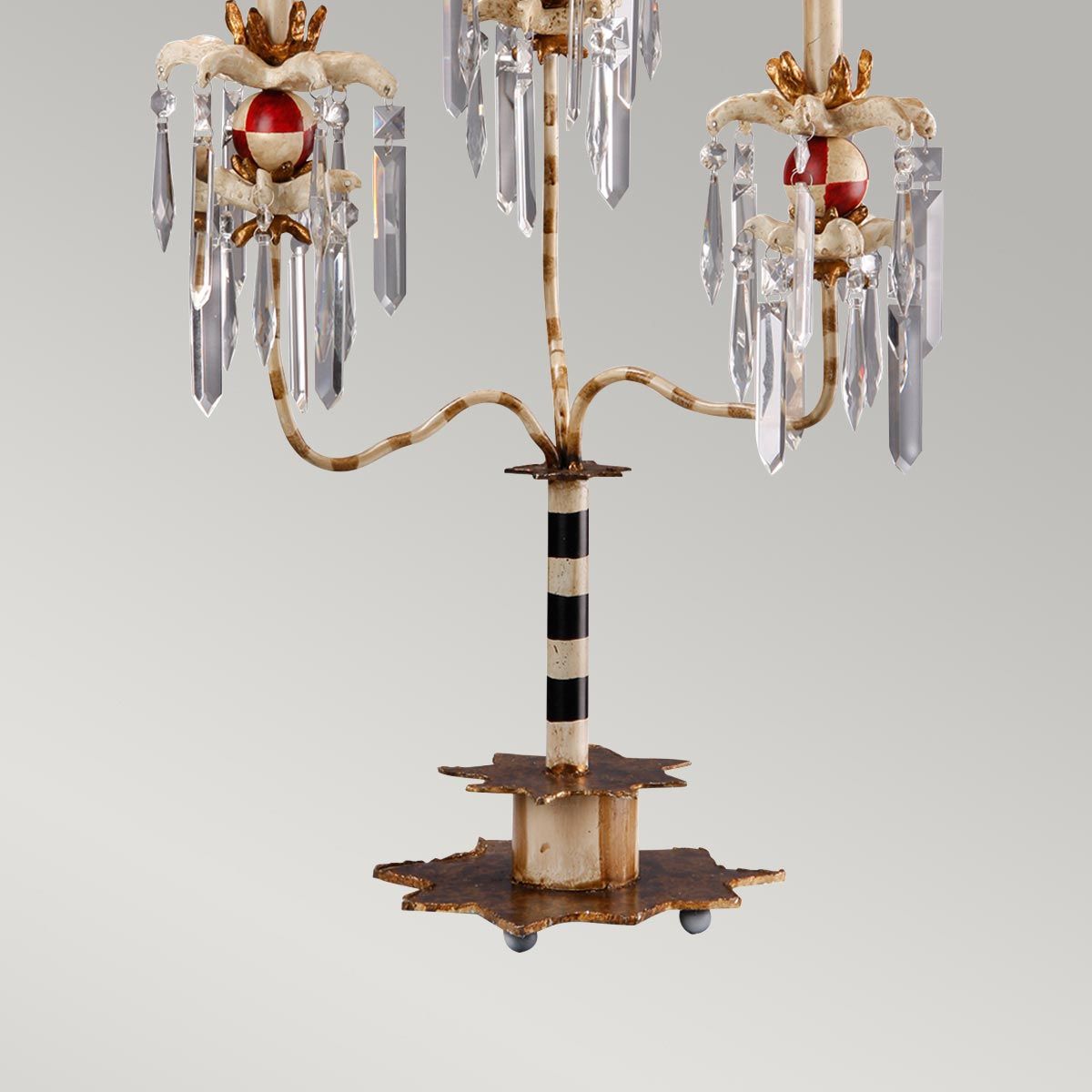 Tischlampe Birdland mit 3 Armen, Creme und Gold mit creme- und goldgestreiftem Schirm