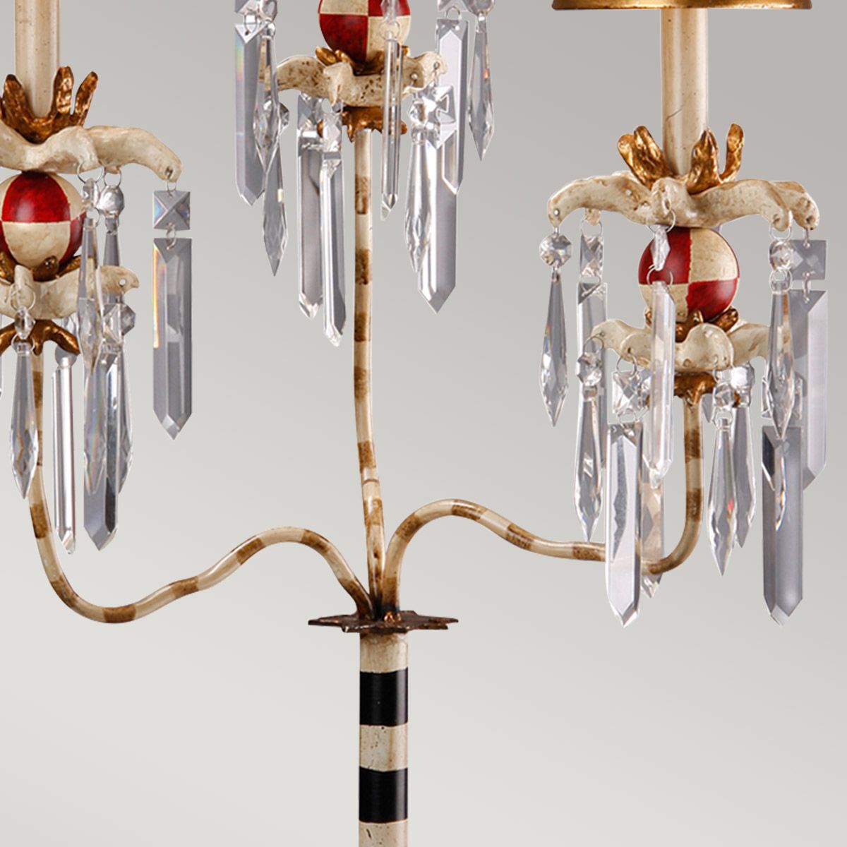 Tischlampe Birdland mit 3 Armen, Creme und Gold mit creme- und goldgestreiftem Schirm