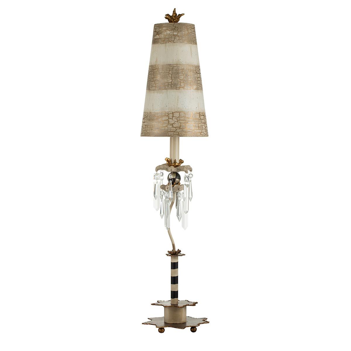 Tischlampe „Birdland“ mit 1 Licht, Creme und Gold mit creme- und taupefarbenem gestreiftem Schirm